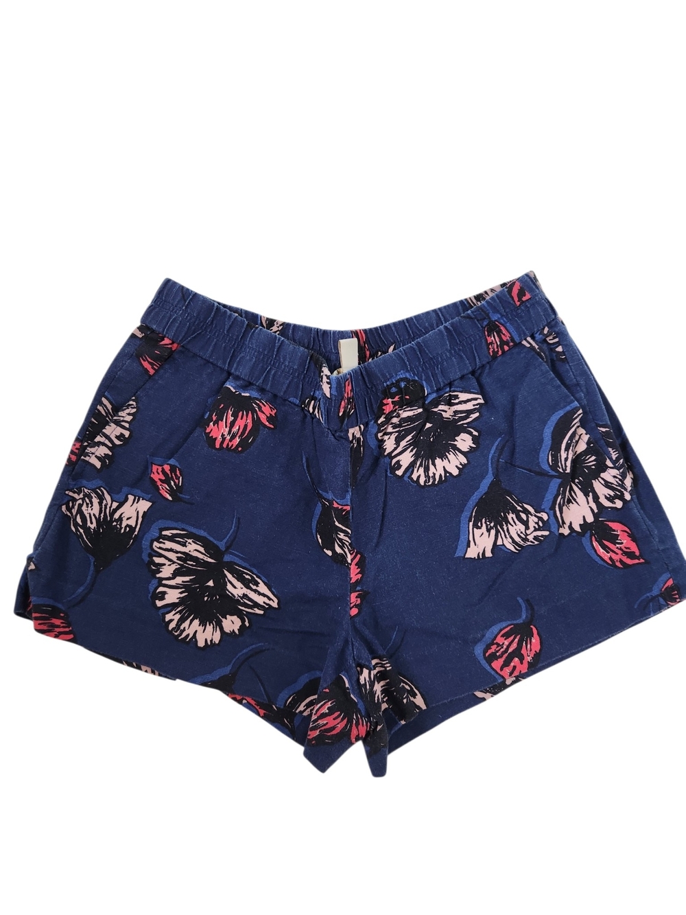J. Crew Women's Navy Floral Elastic-Waist Shorts Size 6 Linen/Cotton Blend